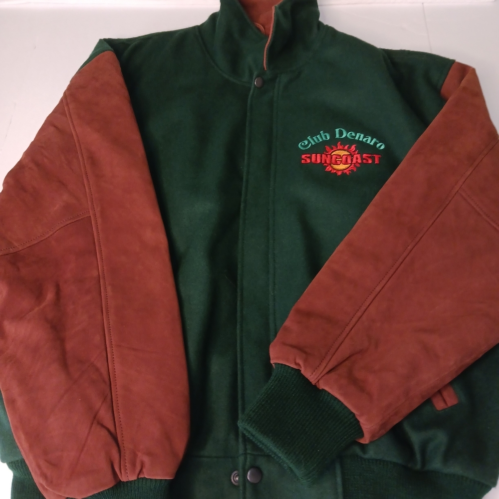 Man's Medium Suncoast Lined Jacket. Green and brown Suade